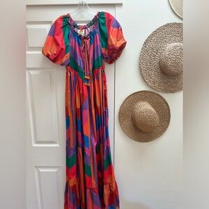 Farm Rio color block balloon sleeve dress with beaded tie detail. Size Small